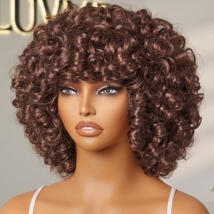 180% Density ReadytoGo Chestnut Brown Fluffy Rose Curl 12 inches Short Wig With Bangs 100% Human Hair