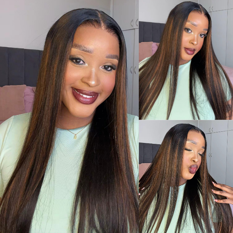 [seson.aa]'s Special Link PreMax Wigs | Ultra Natural Hairline Brown Highlight & Natural Black Silky Straight Glueless 13x4 Frontal Lace Long Wig Pre-Cut Lace