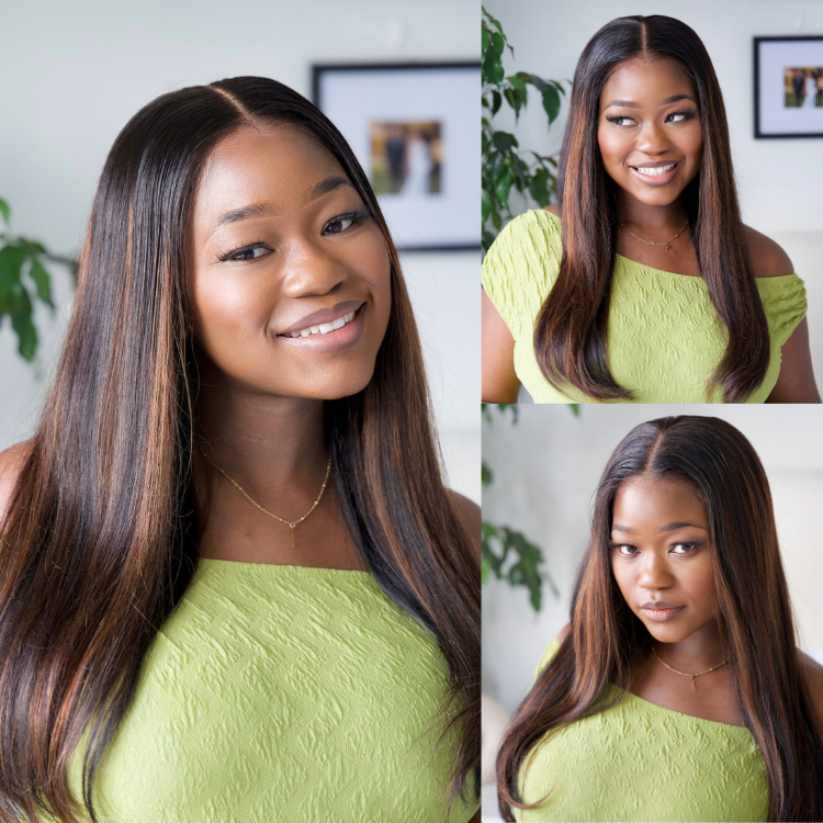 [matevhu_]'s Special Link PreMax Wigs | Ultra Natural Hairline Brown Highlight & Natural Black Silky Straight Glueless 13x4 Frontal Lace Long Wig Pre-Cut Lace