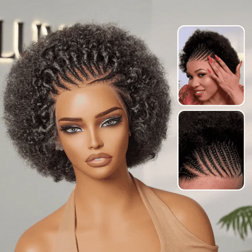 170% Density ReadytoGo Knotless Fulani Braids Natural Afro Glueless 13x4 Frontal Lace Wig 100% Human Hair Wig I Pre-cut Lace & Pre-Bleached