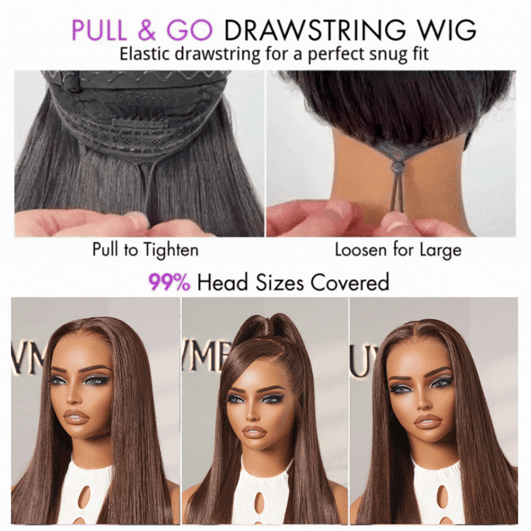 PreMax Wigs - Flexi-Fit Silky Straight Invisi Drawstring Cap Chestnut Brown Glueless 13x4 Frontal Lace Human Hair Wig Pre-Cut Lace