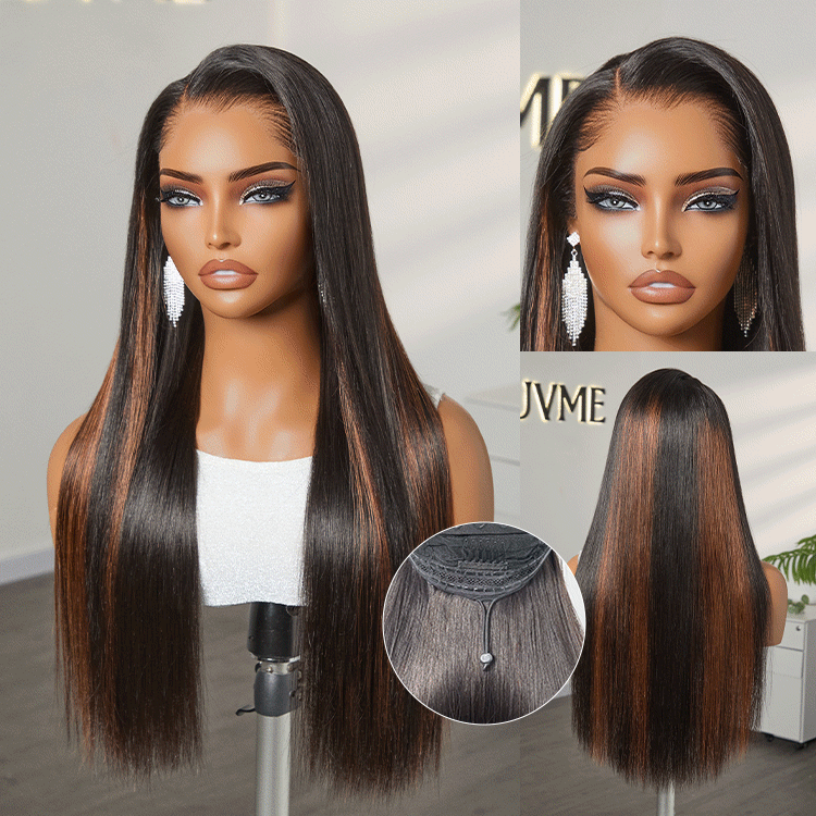 [mpho_pink]'s Special Link Pre-do Lagos Hairline Flexi Fit Invisi Drawstring Cap Natural Black & Copper Ombre Highlights Silky Straight Glueless 13x4 Frontal HD Lace Wig Pre-Cut Lace