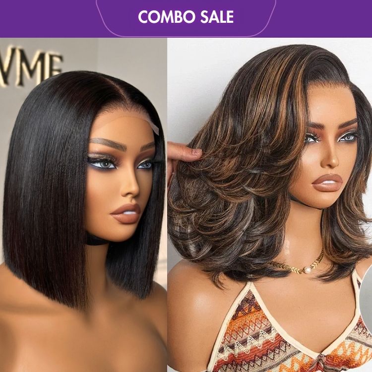 2 For 1 | Glueless 4x4 Closure Lace Natural Black Bob Wig + Brown Highlight Layered Wavy Butterfly Haircut Glueless Minimalist HD Lace Wig