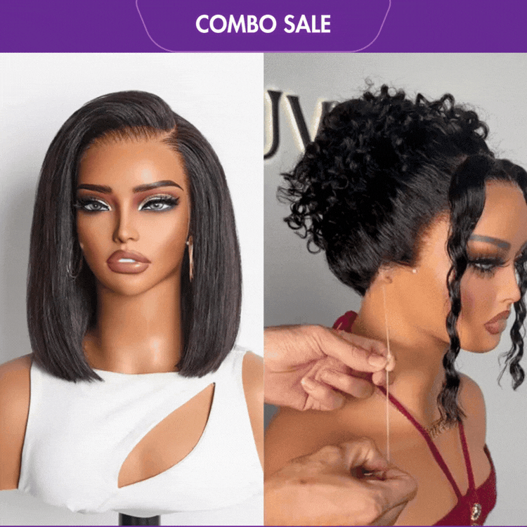 2 For 1 | Glueless 360 Lace Super Natural Hairline Water Wave Free Part Wig+NatureMAX™ Silky Blunt Cut Bob Glueless Ear-to-ear 13x4 HD Lace Front Wig Flexi-Fit Drawstring Cap