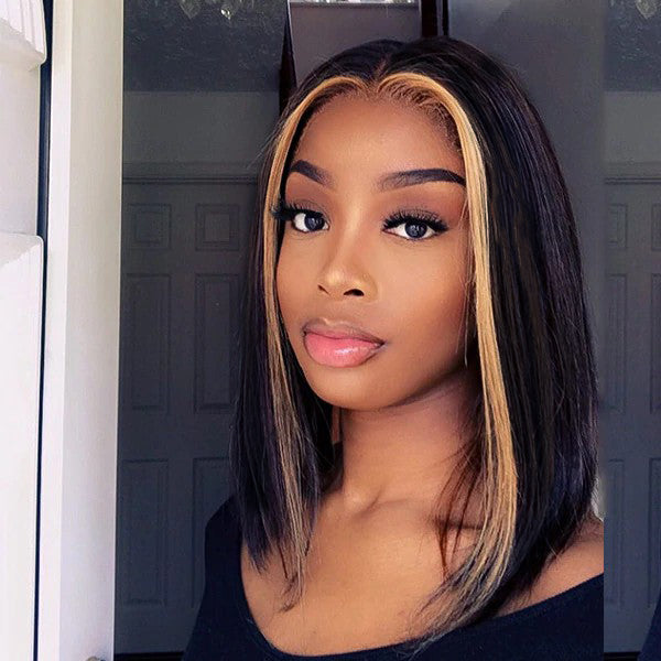 Worth l Stylish Skunk Highlight 2x6 Closure Lace 14 inches Bob Wig 100% Human Hair
