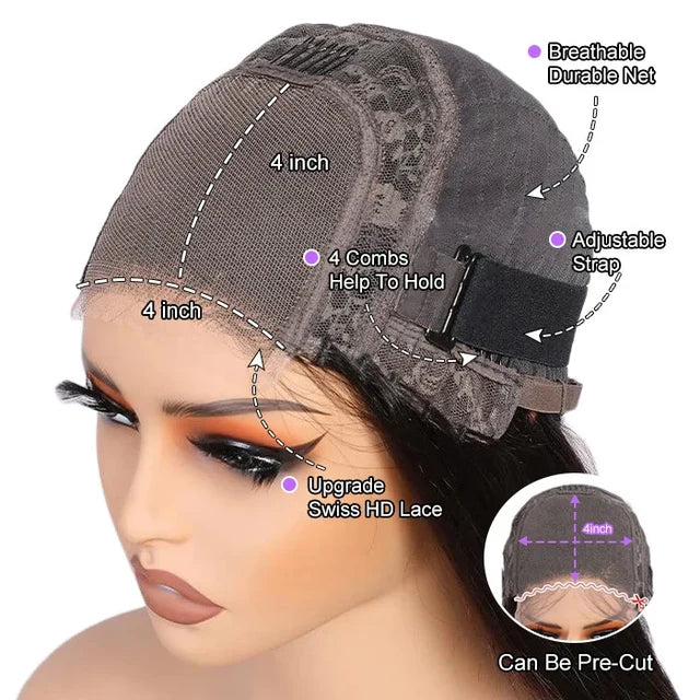 Ready To Go Wig Double Drawn 4x4 Lace Closure Human Hair Wig 99J Color