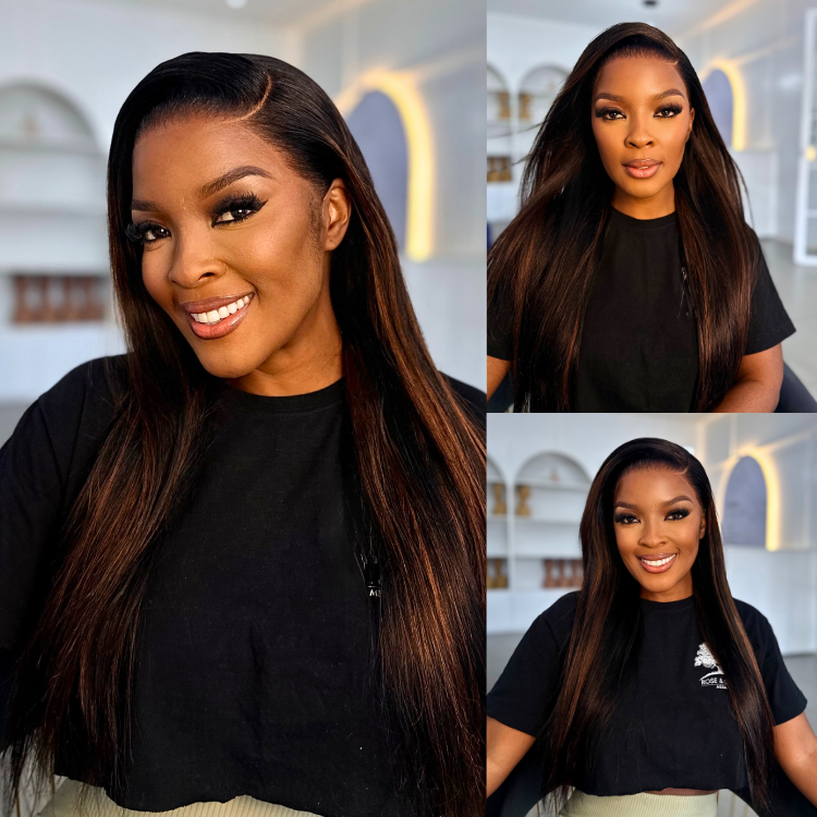 [nomsamadida]'s Special Link PreMax Wigs | Ultra Natural Hairline Brown Highlight & Natural Black Silky Straight Regular Cap & Drawstring Cap Glueless 13x4 Frontal Lace Long Wig Pre-Cut Lace