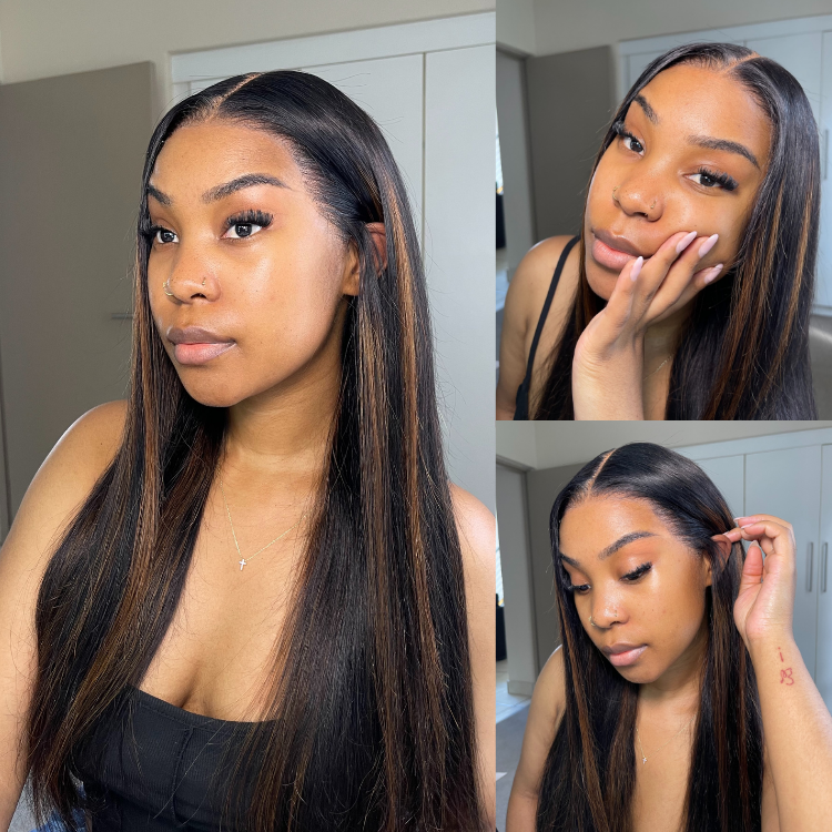 [vanessaablant]'s Special Link PreMax Wigs | Ultra Natural Hairline Brown Highlight & Natural Black Silky Straight Regular Cap & Drawstring Cap Glueless 13x4 Frontal Lace Long Wig Pre-Cut Lace