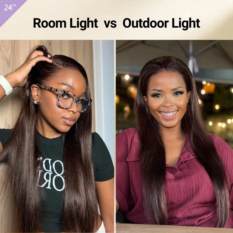 PreMax Wigs - Flexi-Fit Silky Straight Invisi Drawstring Cap Chestnut Brown Glueless 13x4 Frontal Lace Human Hair Wig Pre-Cut Lace