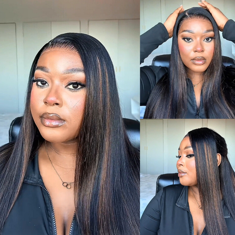 [zinenyawo.__]'s Special Link PreMax Wigs | Ultra Natural Hairline Brown Highlight & Natural Black Silky Straight Regular Cap & Drawstring Cap Glueless 13x4 Frontal Lace Long Wig Pre-Cut Lace