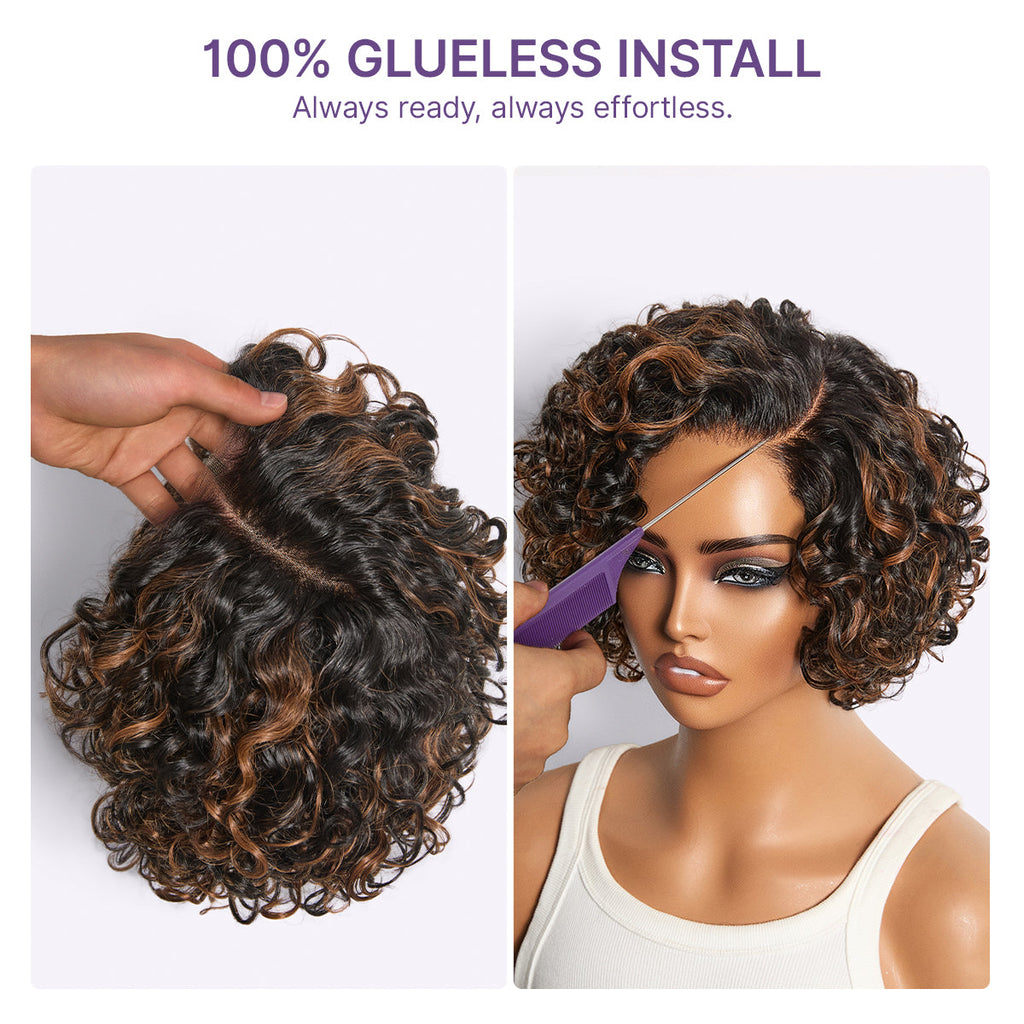 Natural Black / Brown Highlight Water Wave Pixie Cut Glueless Minimalist HD Lace Short Curly Wig