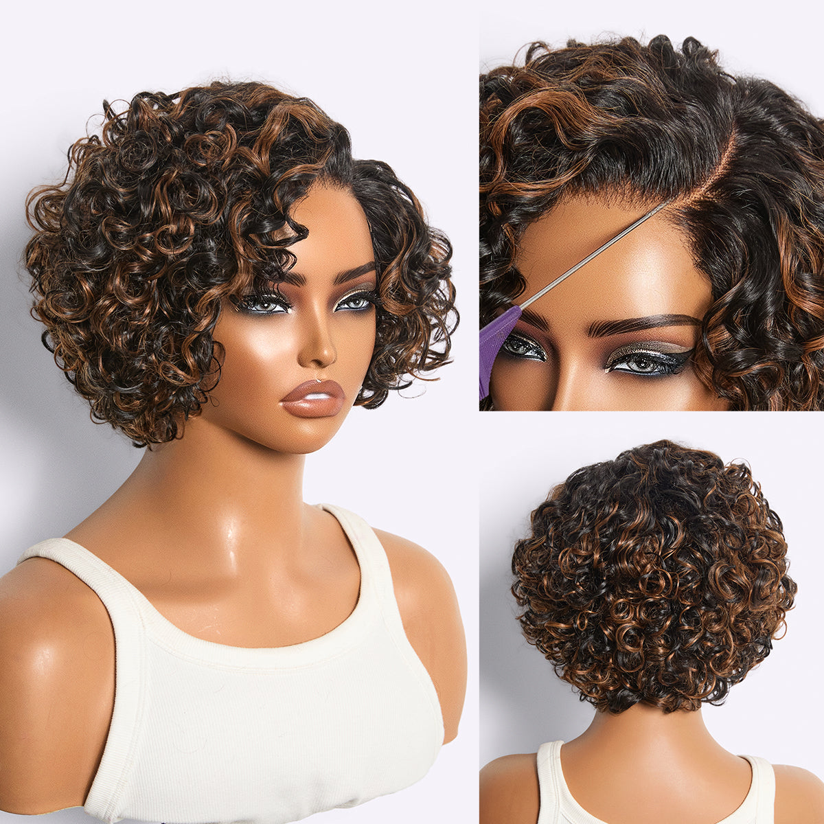 Natural Black / Brown Highlight Water Wave Pixie Cut Glueless Minimalist HD Lace Short Curly Wig