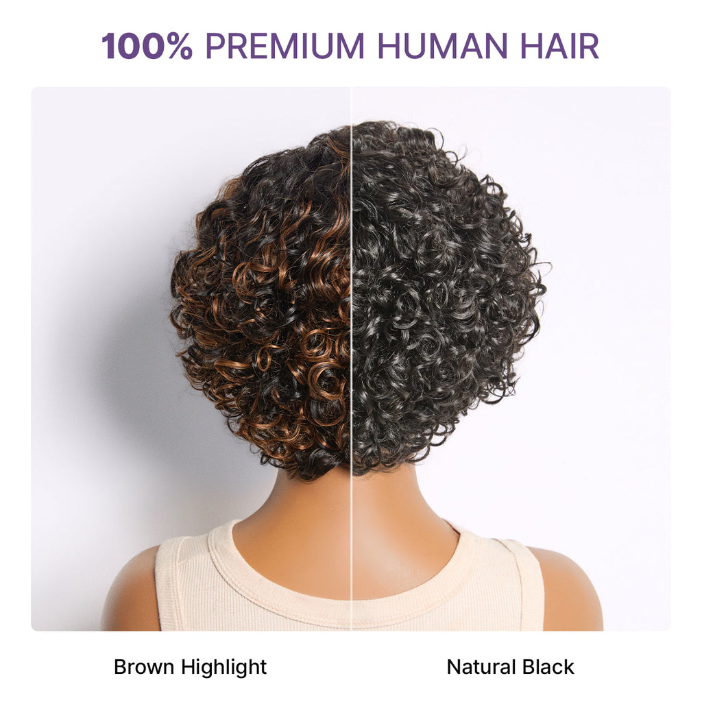 Natural Black / Brown Highlight Water Wave Pixie Cut Glueless Minimalist HD Lace Short Curly Wig
