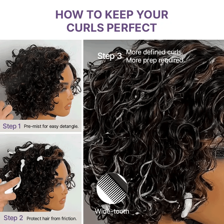 Natural Black / Brown Highlight Water Wave Pixie Cut Glueless Minimalist HD Lace Short Curly Wig