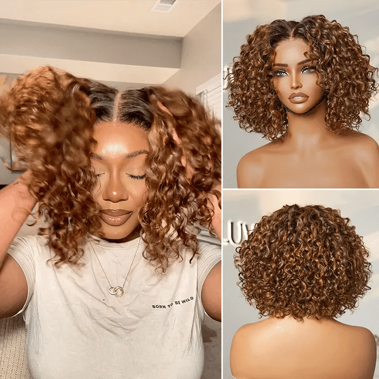 Outlet I Brown Highlight Deep Curly Glueless 5x5 Closure Pre-Cut Lace Wig