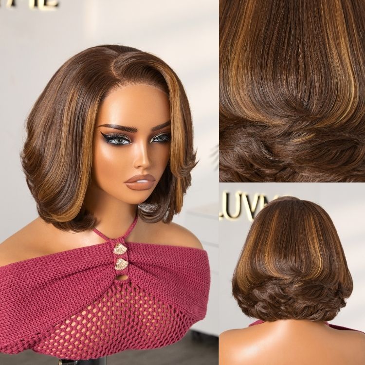 Custom  | 220% Density Chocolate Brown Highlight Layered Cut 4*4 Lace Glueless C Part 8 Inches Wig