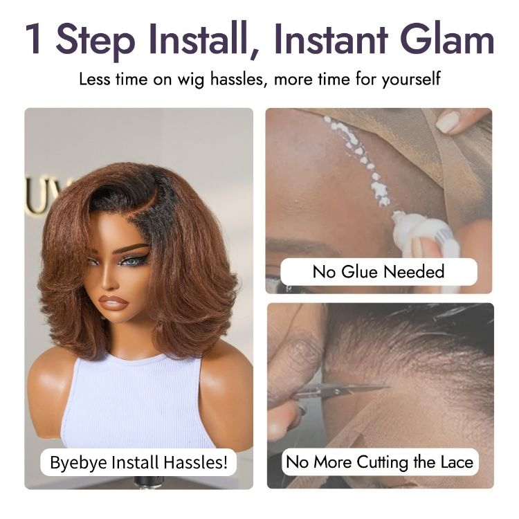 Custom | 4C Edges | 200% Density Warm Reddish Brown Kinky Curly Bob Minimalist HD Lace Glueless Side Part Short Wig