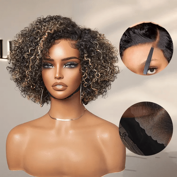 Worth | Super Hot Honey Blonde Highlight Kinky Curly Glueless Minimalist HD Lace Classic Short Wig