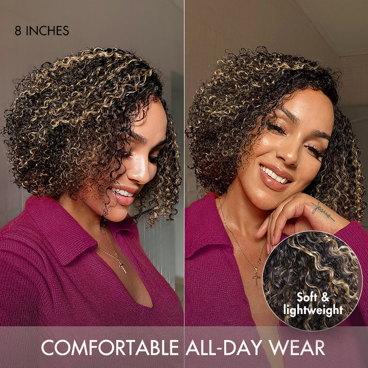 Worth | Super Hot Honey Blonde Highlight Kinky Curly Glueless Minimalist HD Lace Classic Short Wig