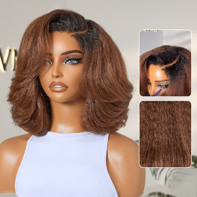 Custom | 4C Edges | 200% Density Warm Reddish Brown Kinky Curly Bob Minimalist HD Lace Glueless Side Part Short Wig