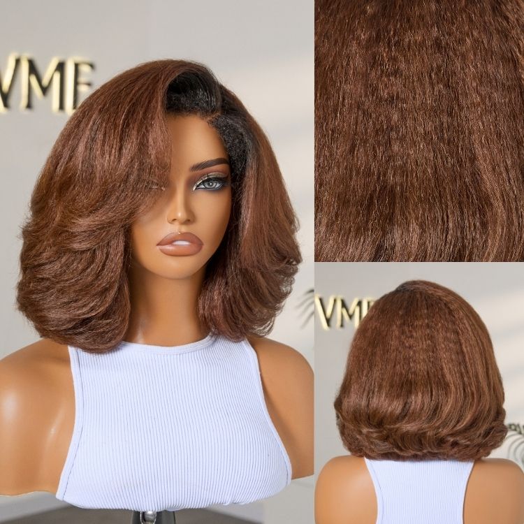 Custom | 4C Edges | 200% Density Warm Reddish Brown Kinky Curly Bob Minimalist HD Lace Glueless Side Part Short Wig