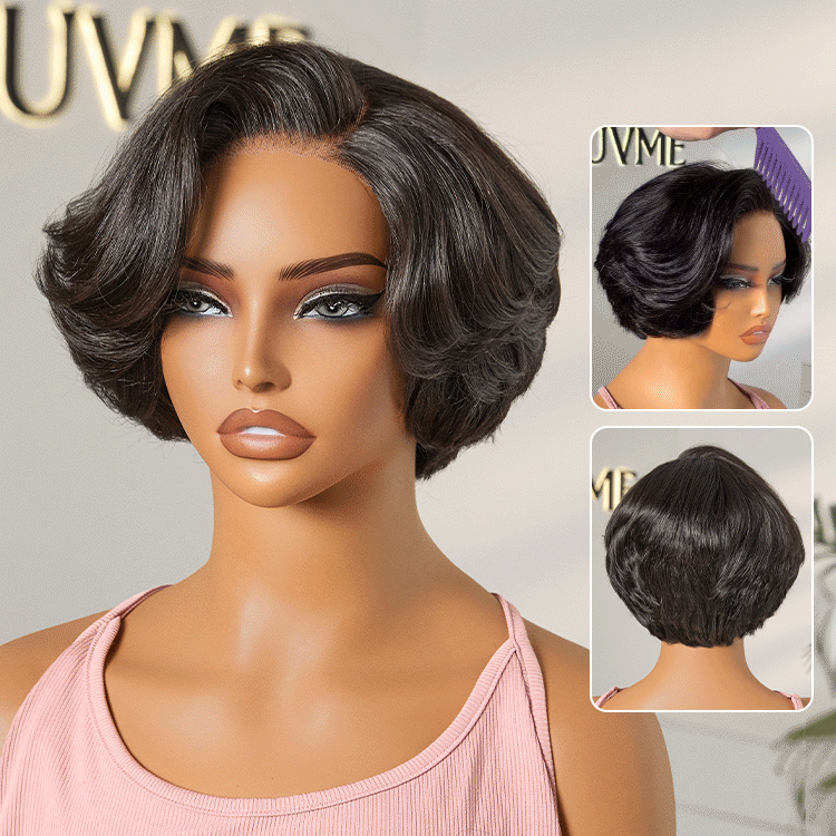 Custom | 220% Density Natural Black Pixie Cut 4*4 Lace Glueless Side Part 8 Inches Wig