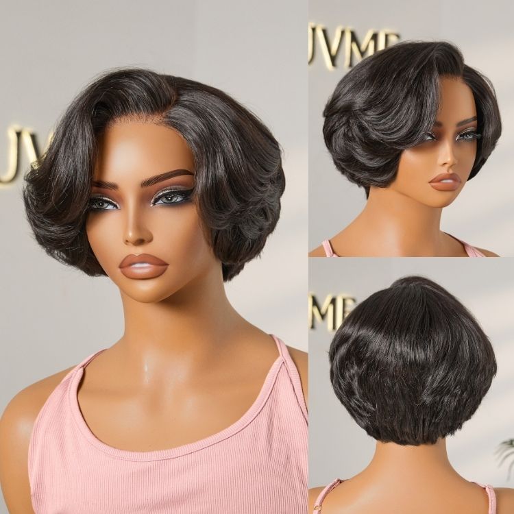 Custom | 220% Density Natural Black Pixie Cut 4*4 Lace Glueless Side Part 8 Inches Wig