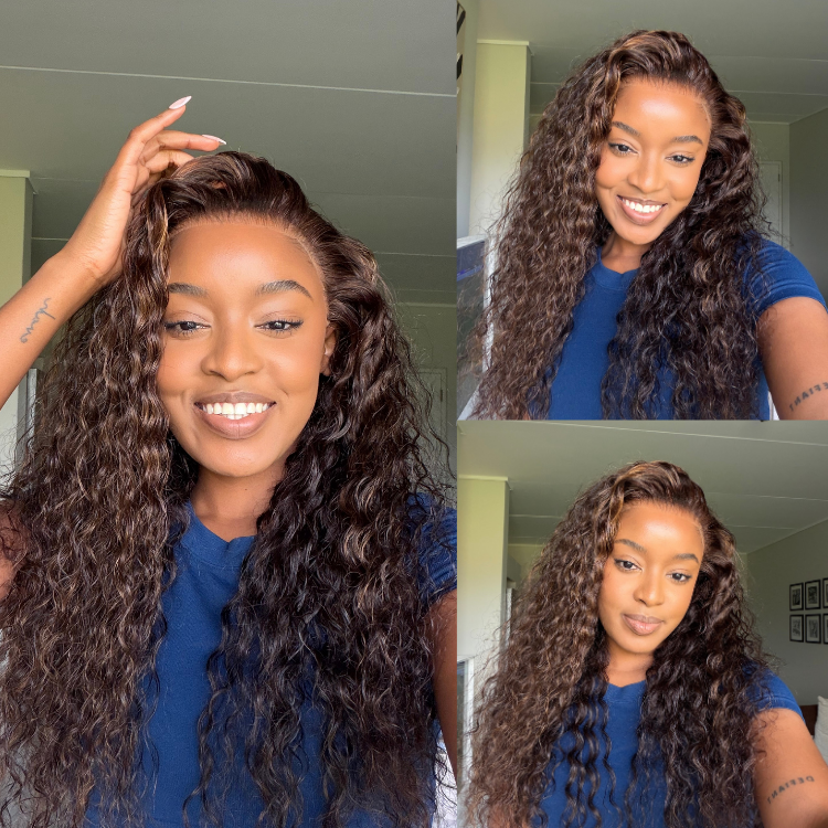 [omolemo_tsk]'s Special Link VolumeMAX™ 200% Density Brown Highlights Flexi-Fit Invisi Drawstring Cap Glueless 360 Lace Super Natural Hairline Water Wave Free Part 100% Human Hair Wig