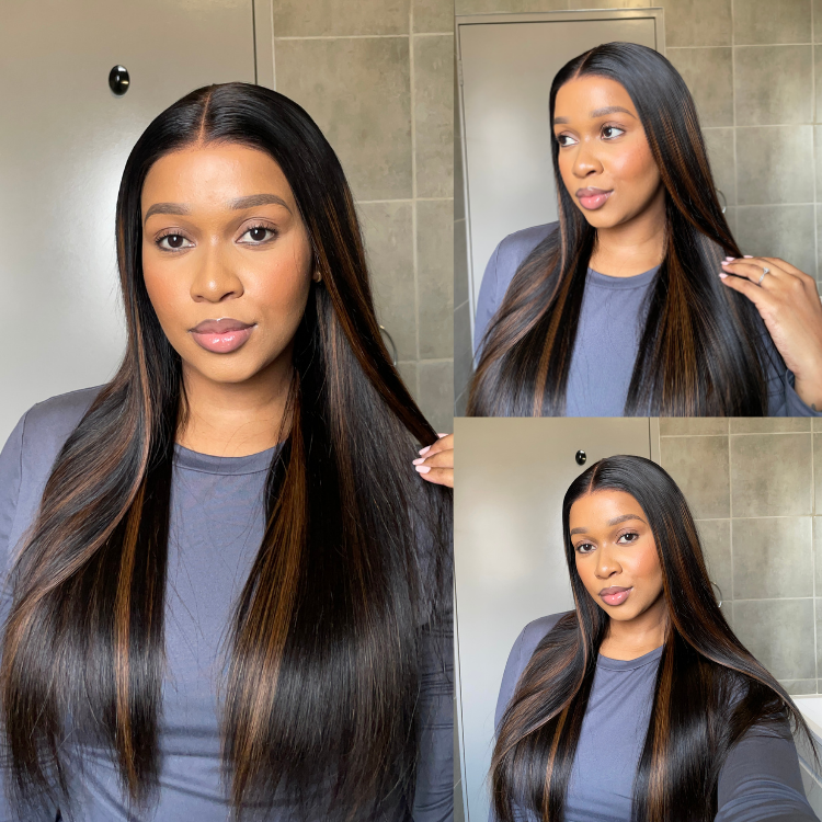[onaoliphant]'s Special Link PreMax Wigs | Ultra Natural Hairline Brown Highlight & Natural Black Silky Straight Regular Cap & Drawstring Cap Glueless 13x4 Frontal Lace Long Wig Pre-Cut Lace