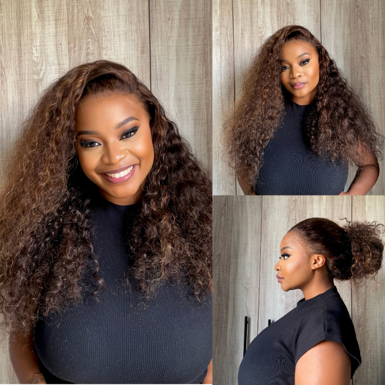 [fey_thulare]'s Special Link VolumeMAX™ 200% Density Brown Highlights Flexi-Fit Invisi Drawstring Cap Glueless 360 Lace Super Natural Hairline Water Wave Free Part 100% Human Hair Wig