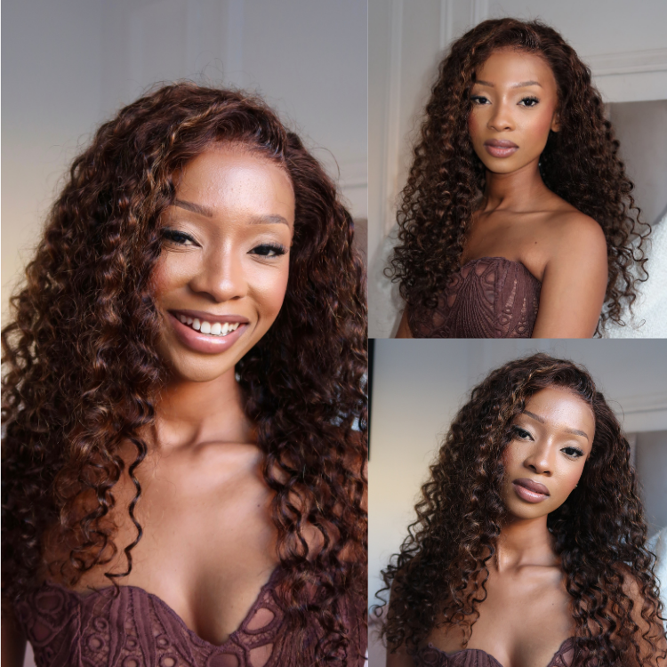 [_tshologumede]'s Special Link VolumeMAX™ 200% Density Brown Highlights Flexi-Fit Invisi Drawstring Cap Glueless 360 Lace Super Natural Hairline Water Wave Free Part 100% Human Hair Wig