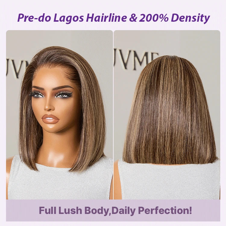 [remofilwe__]'s Special Link Pre-do Lagos Hairline Flexi Fit Invisi Drawstring Cap 200% Density Blonde Highlight & Natural Black Silky Straight Bob Glueless 13x4 Frontal HD Lace Wig Pre-Cut Lace