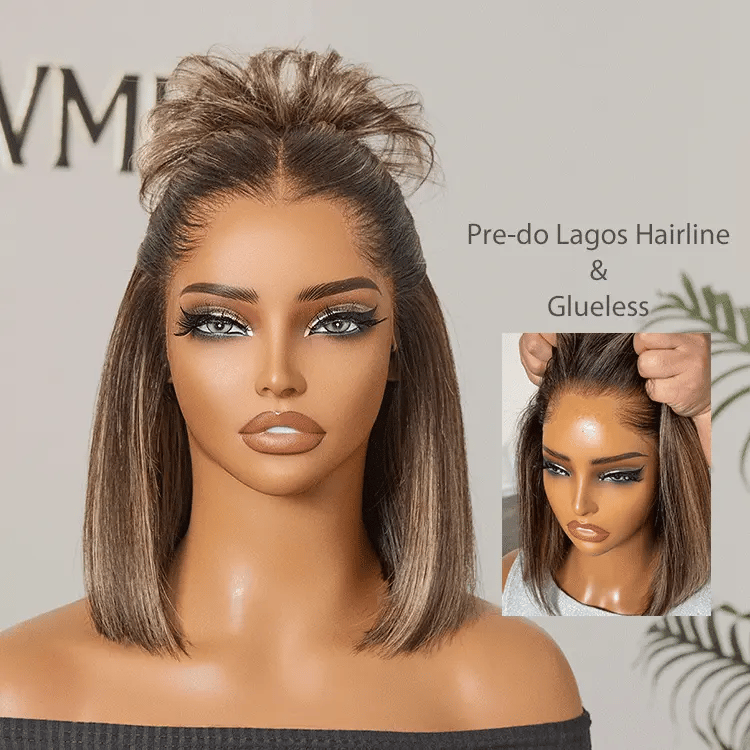 [remofilwe__]'s Special Link Pre-do Lagos Hairline Flexi Fit Invisi Drawstring Cap 200% Density Blonde Highlight & Natural Black Silky Straight Bob Glueless 13x4 Frontal HD Lace Wig Pre-Cut Lace