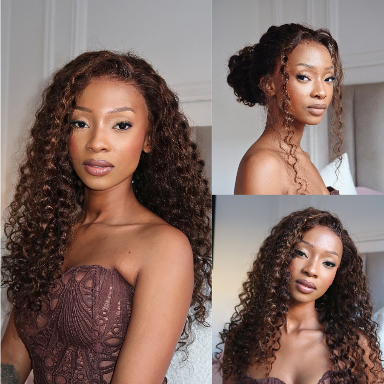 [_tshologumede]'s Special Link VolumeMAX™ 200% Density Brown Highlights Flexi-Fit Invisi Drawstring Cap Glueless 360 Lace Super Natural Hairline Water Wave Free Part 100% Human Hair Wig