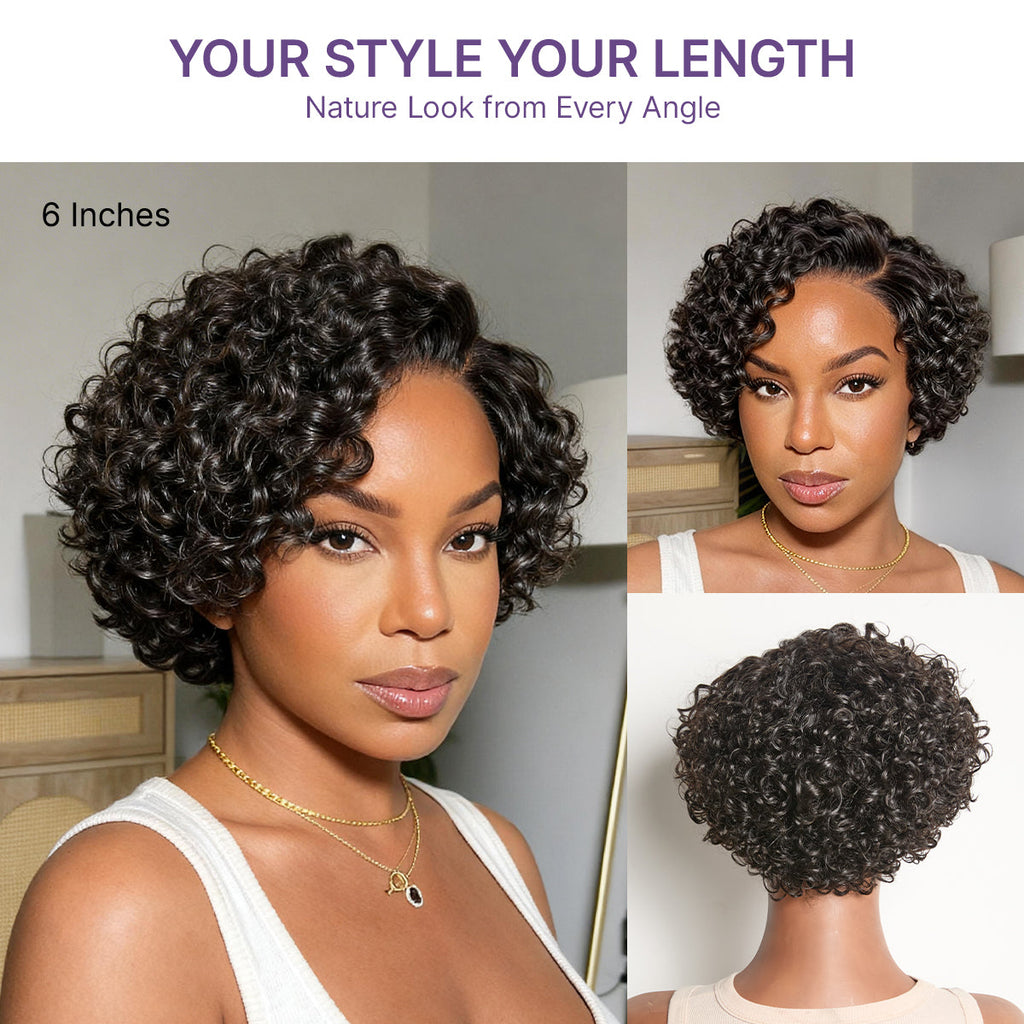 Natural Black / Brown Highlight Water Wave Pixie Cut Glueless Minimalist HD Lace Short Curly Wig