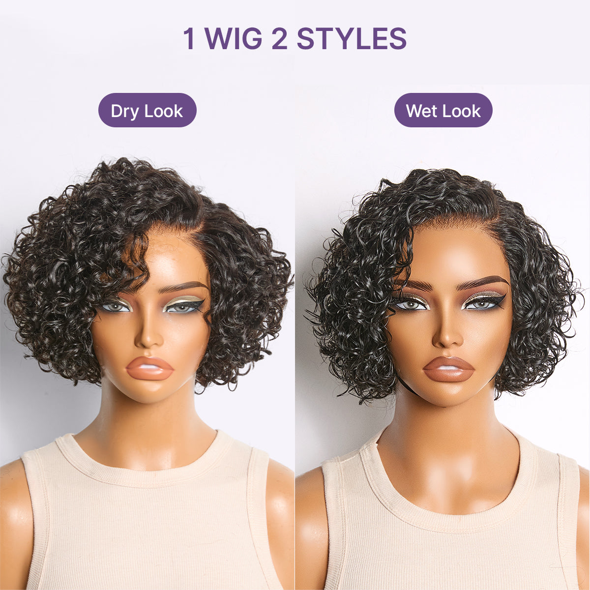 Natural Black / Brown Highlight Water Wave Pixie Cut Glueless Minimalist HD Lace Short Curly Wig
