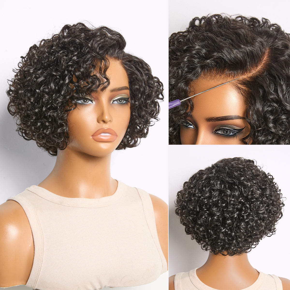 Natural Black / Brown Highlight Water Wave Pixie Cut Glueless Minimalist HD Lace Short Curly Wig