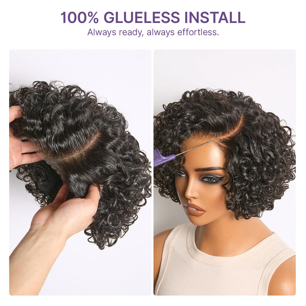 Natural Black / Brown Highlight Water Wave Pixie Cut Glueless Minimalist HD Lace Short Curly Wig