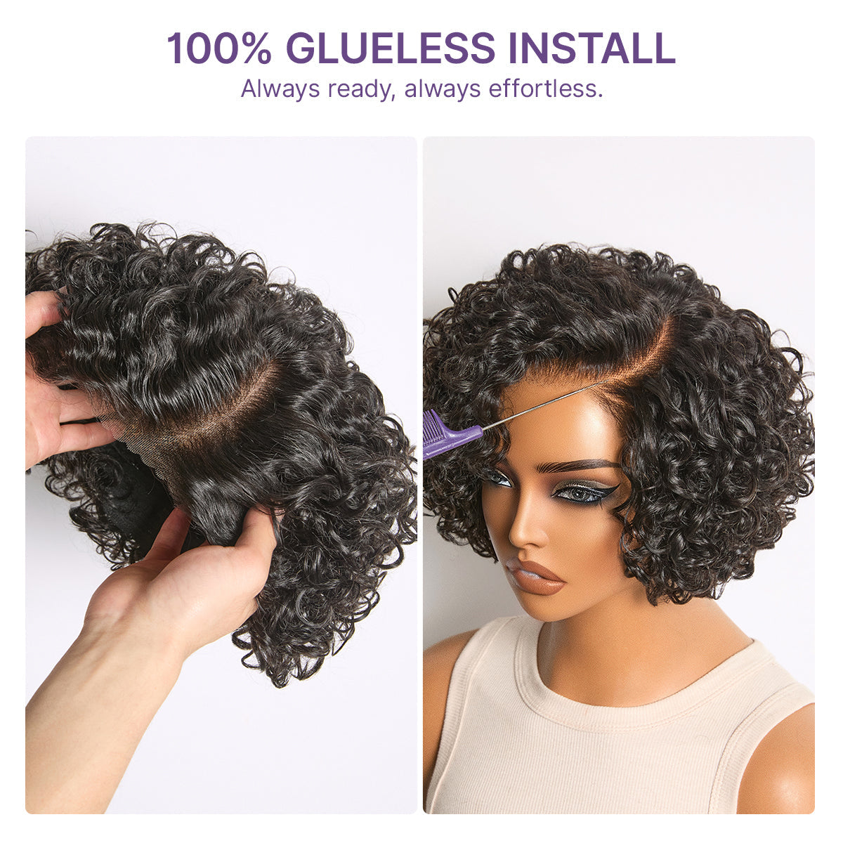 Natural Black / Brown Highlight Water Wave Pixie Cut Glueless Minimalist HD Lace Short Curly Wig