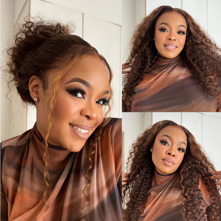 [_matshepo_]'s Special Link VolumeMAX™ 200% Density Brown Highlights Flexi-Fit Invisi Drawstring Cap Glueless 360 Lace Super Natural Hairline Water Wave Free Part 100% Human Hair Wig