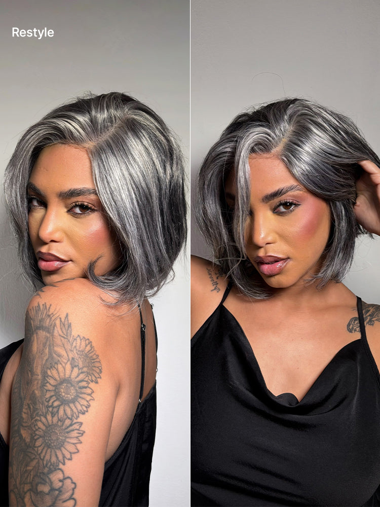 Boss Vibe Salt & Pepper Layered Bob Glueless Pre-Cut Minimalist  HD Lace Grey Wig