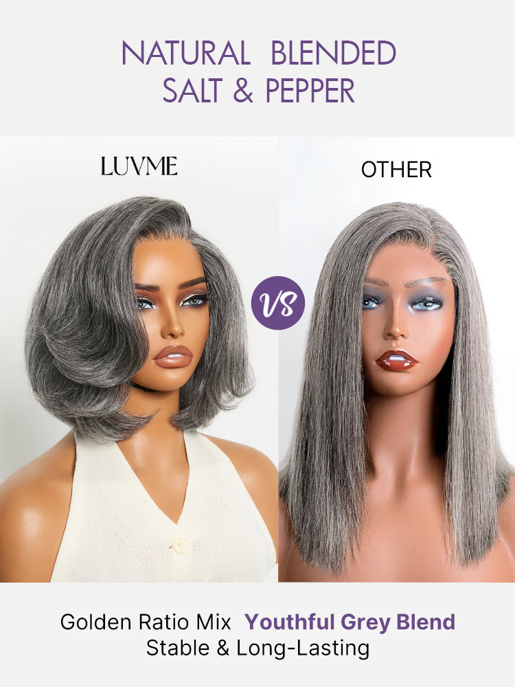 Boss Vibe Salt & Pepper Layered Bob Glueless Pre-Cut Minimalist  HD Lace Grey Wig