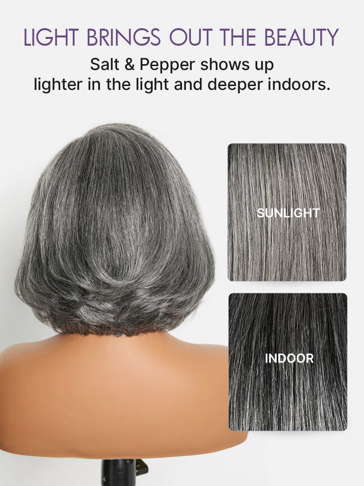 Boss Vibe Salt & Pepper Layered Bob Glueless Pre-Cut Minimalist  HD Lace Grey Wig