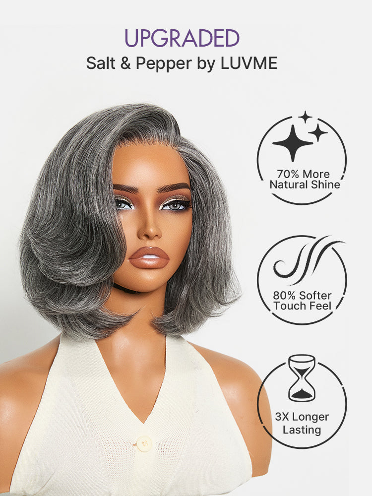 Boss Vibe Salt & Pepper Layered Bob Glueless Pre-Cut Minimalist  HD Lace Grey Wig