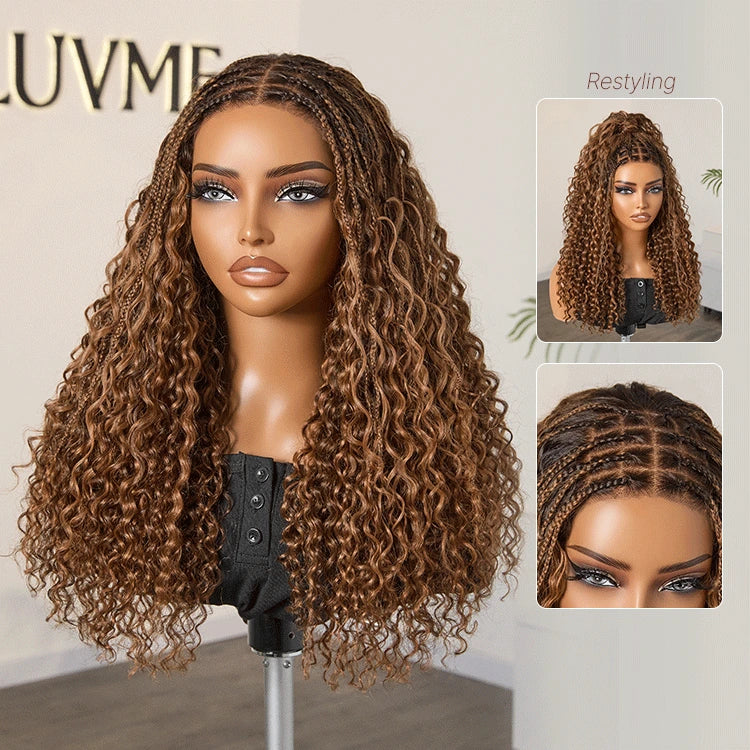 Ombre Brown Highlight Boho Braids Deep Curly Long Wig Glueless 5x5 Closure Lace with Braided Top Human Hair Wig 22 inches Pre-Cut Lace