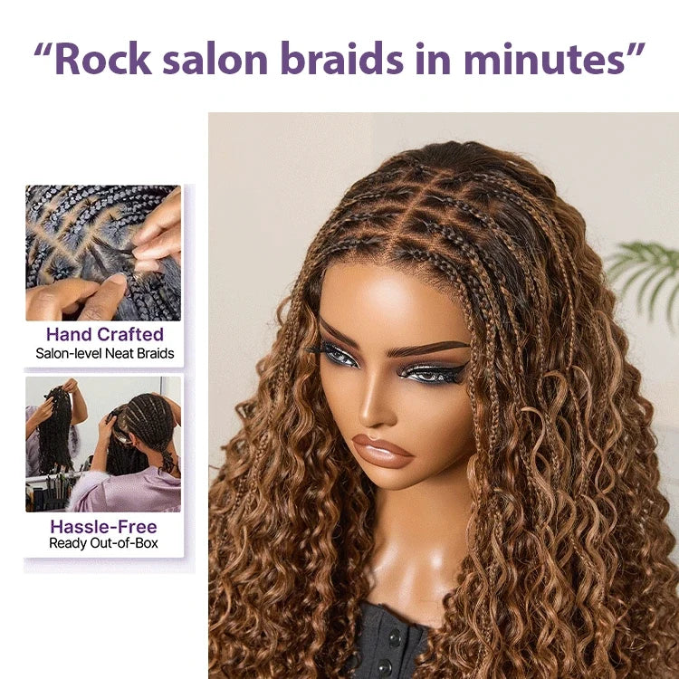 Ombre Brown Highlight Boho Braids Deep Curly Long Wig Glueless 5x5 Closure Lace with Braided Top Human Hair Wig 22 inches Pre-Cut Lace