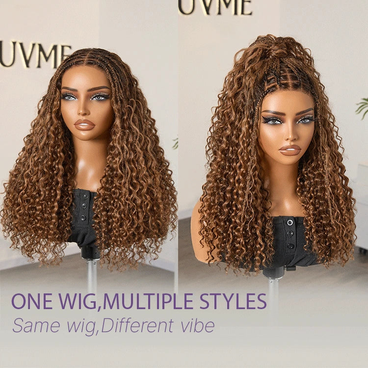 Ombre Brown Highlight Boho Braids Deep Curly Long Wig Glueless 5x5 Closure Lace with Braided Top Human Hair Wig 22 inches Pre-Cut Lace