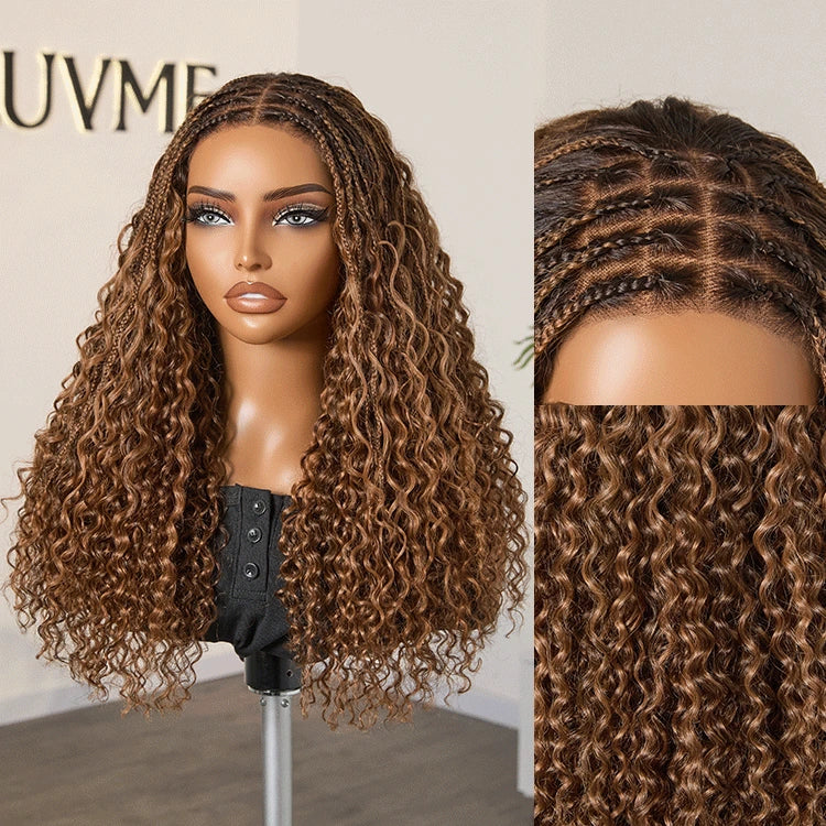 Ombre Brown Highlight Boho Braids Deep Curly Long Wig Glueless 5x5 Closure Lace with Braided Top Human Hair Wig 22 inches Pre-Cut Lace