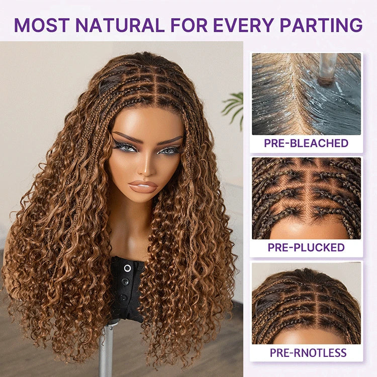 Ombre Brown Highlight Boho Braids Deep Curly Long Wig Glueless 5x5 Closure Lace with Braided Top Human Hair Wig 22 inches Pre-Cut Lace