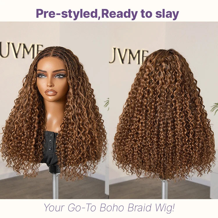 Ombre Brown Highlight Boho Braids Deep Curly Long Wig Glueless 5x5 Closure Lace with Braided Top Human Hair Wig 22 inches Pre-Cut Lace